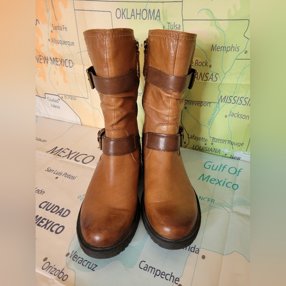 Earth Brown Leather Moto Buckle Boots Size 9.5 - Picture 2 of 13